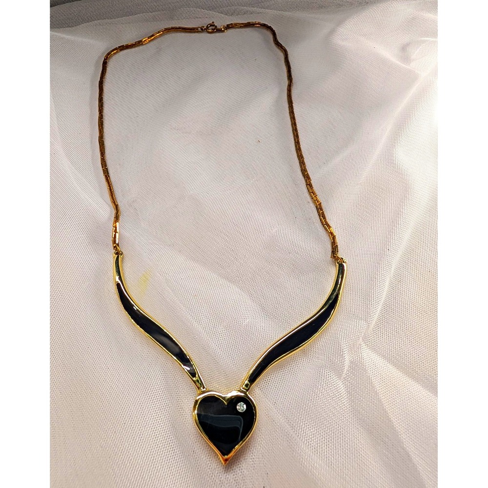 Gold Tone Black Enamel Heart Collar Necklace | Rhinestone Accent Chevron V-Neck